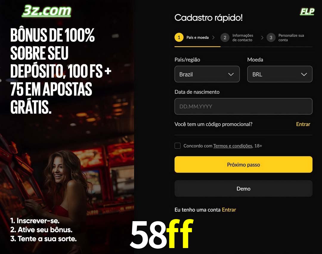 58ff registro oficial cassino online Brasil com bônus de depósito e free spins